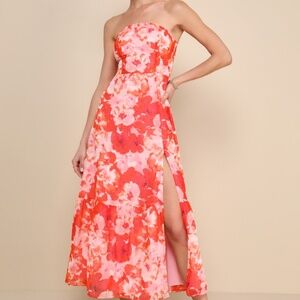 Lulus Bright Perspective Orange And Pink Floral Strapless Midi Dress - Size L